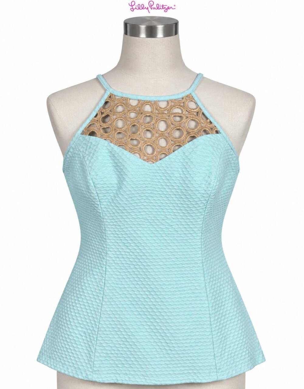 Lilly Pulitzer Larina Halter Top Pool Blue Gold Lace size 2